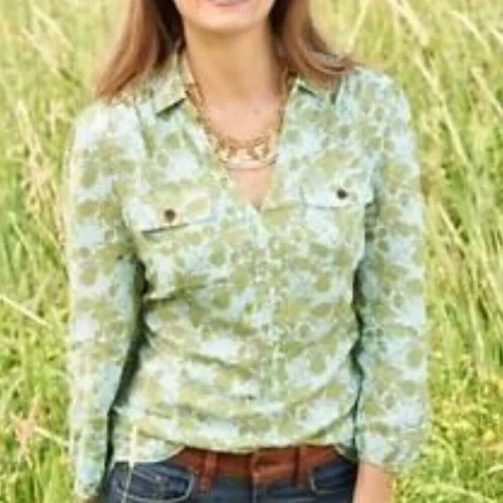 Matilda Jane Green Floral Print Long Sleeve Popover Blouse Women's Size XS